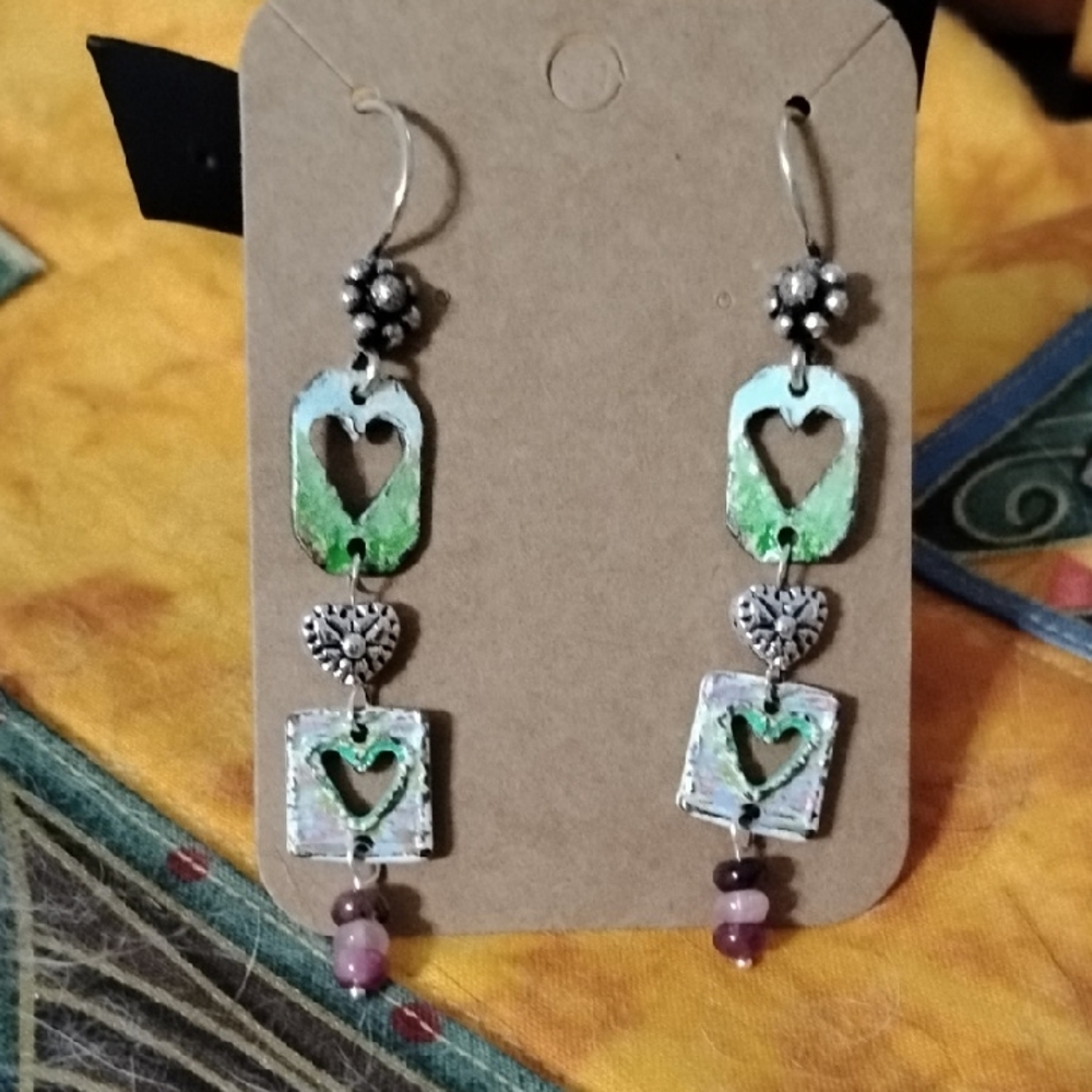 Hand Crafted Double Heart Charm  Earrings With Tourmaline